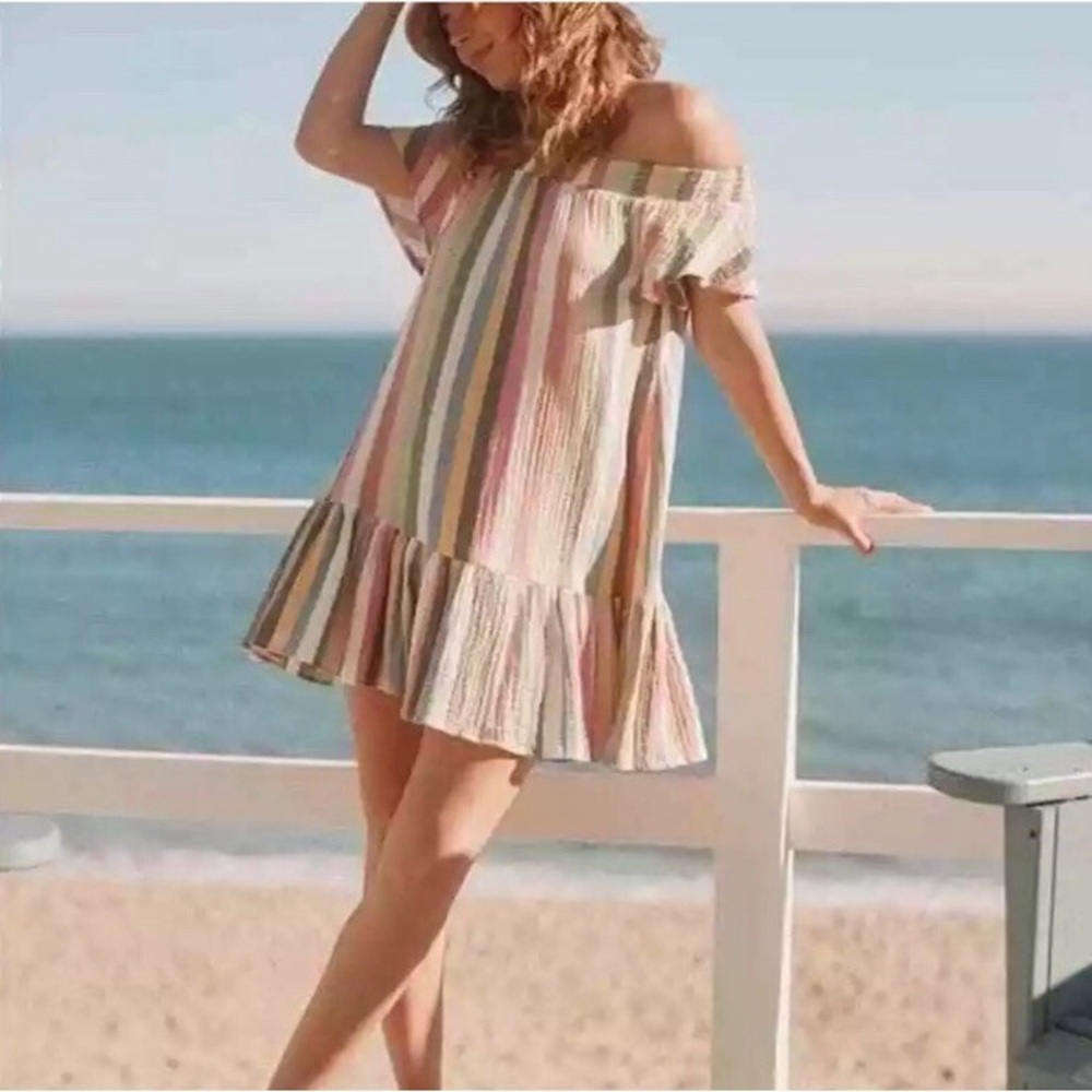 Marine Layer Shirley Stripe Off Shoulder Mini Dress Size Medium Cotton Rainbow